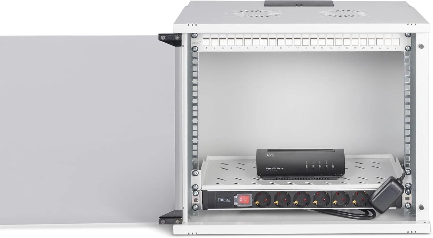 کیت شبکه 19 اینچی DIGITUS - رک شبکه 9 یونیت - قفسه 1 یونیت - پچ پنل 24 پورت - 24 ماژول کیستون - 30 کابل پچ - پاور استریپ - مونتاژ نشده - سری SOHO PRO - خاکستری