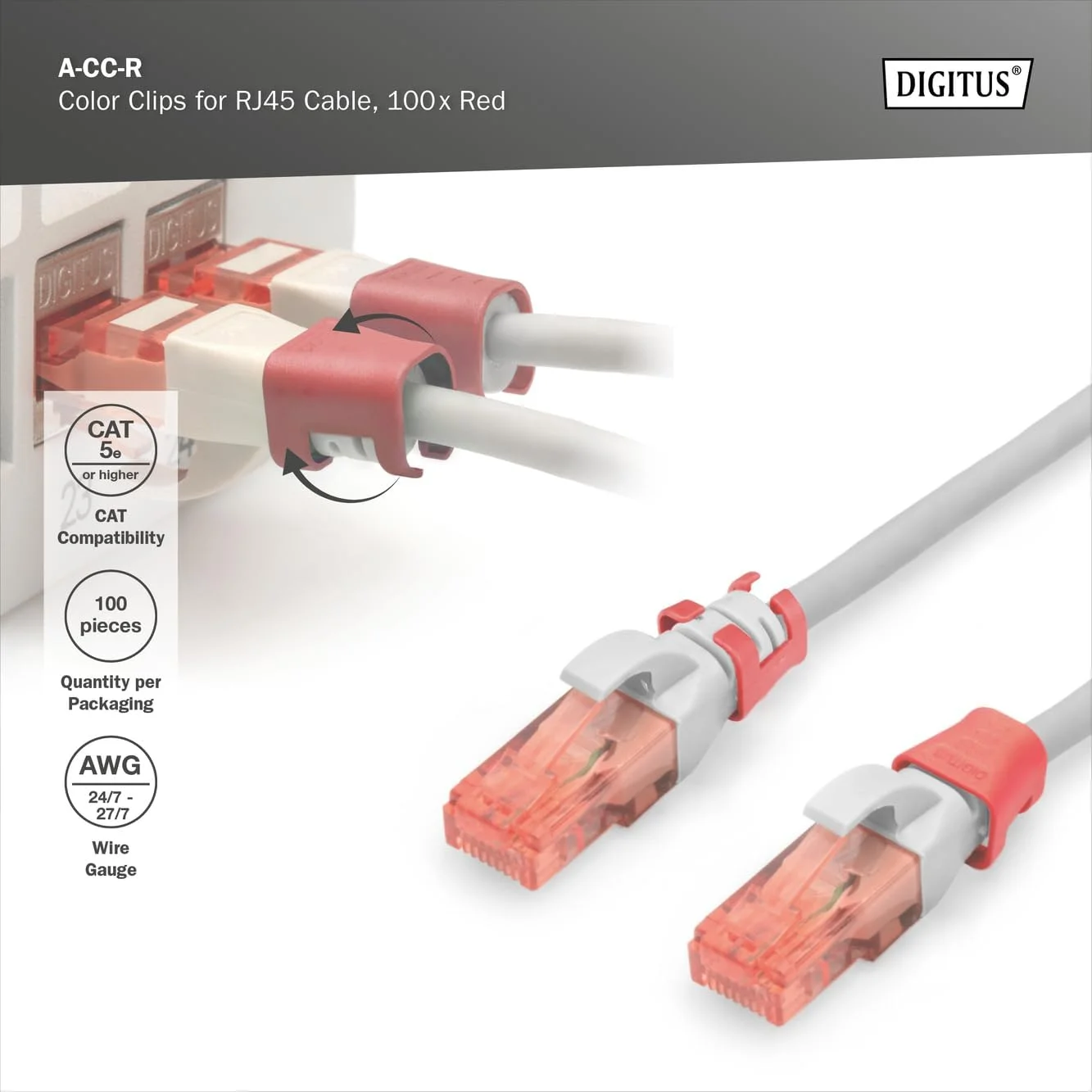 گیره های رنگی DIGITUS برای کابل های پچ RJ45 - سازماندهی رنگی کابل های شبکه - بهبود مدیریت کابل - 100 عدد - برای کابل های LAN CAT 5e، 6 و 6A - AWG 24/7 تا 27/7 - قرمز