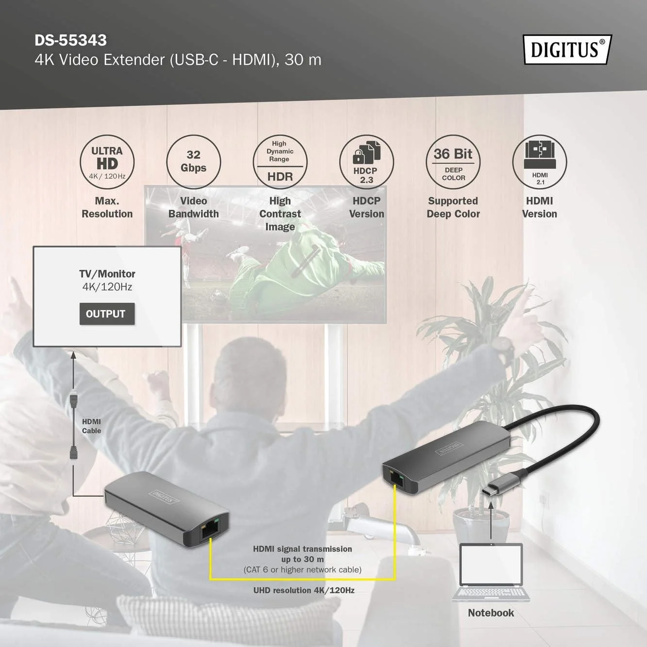 اکستندر USB-C به HDMI دیجی توس DS-55343 - UHD 4K 120Hz - 30 متر از طریق کابل LAN - ست فرستنده و گیرنده - HDMI 2.1، HDCP 2.3، USB 3.1 - HDR، رنگ عمیق