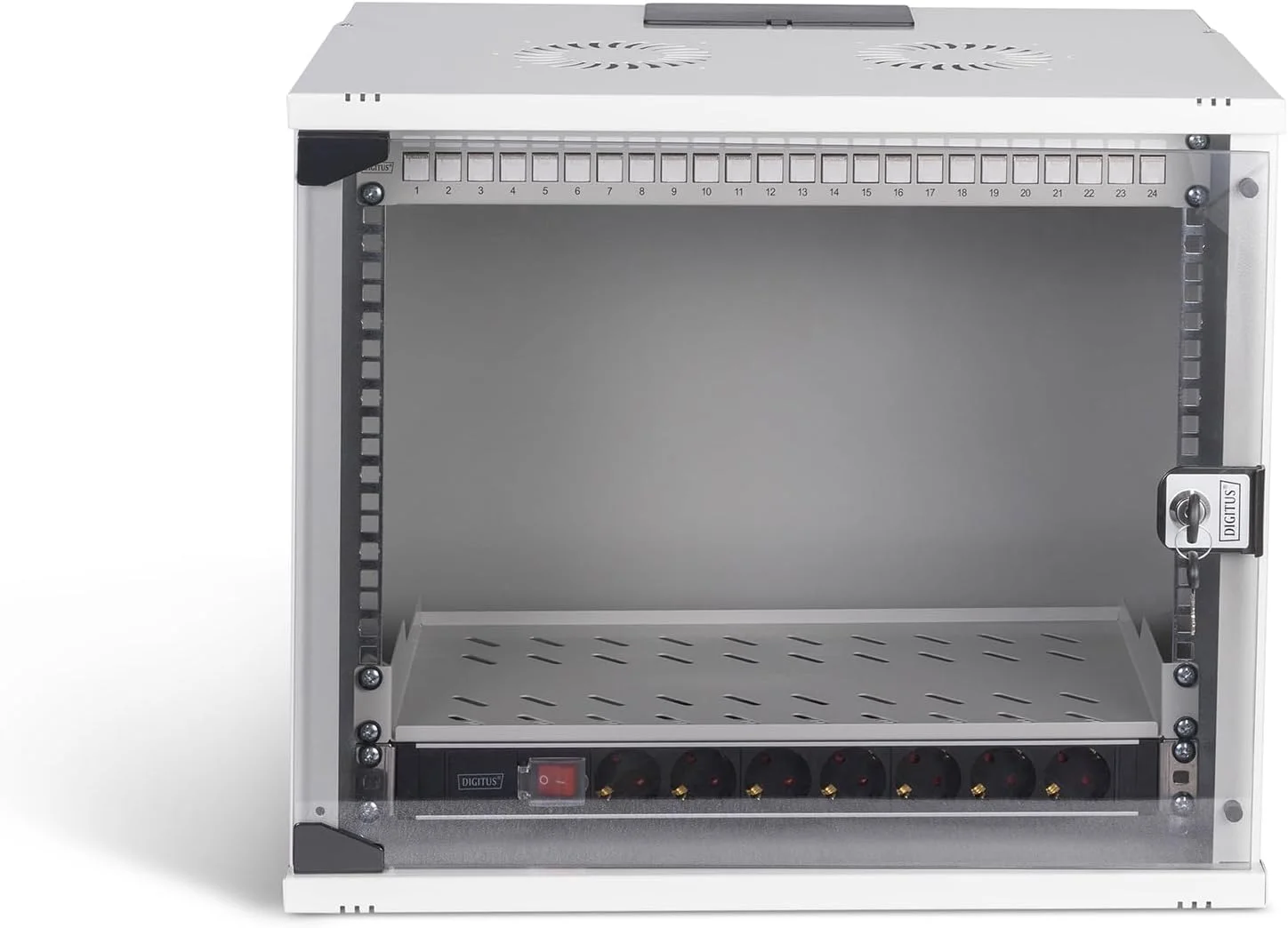 کیت شبکه 19 اینچی DIGITUS - رک شبکه 9 یونیت - قفسه 1 یونیت - پچ پنل 24 پورت - 24 ماژول کیستون - 30 کابل پچ - پاور استریپ - مونتاژ نشده - سری SOHO PRO - خاکستری