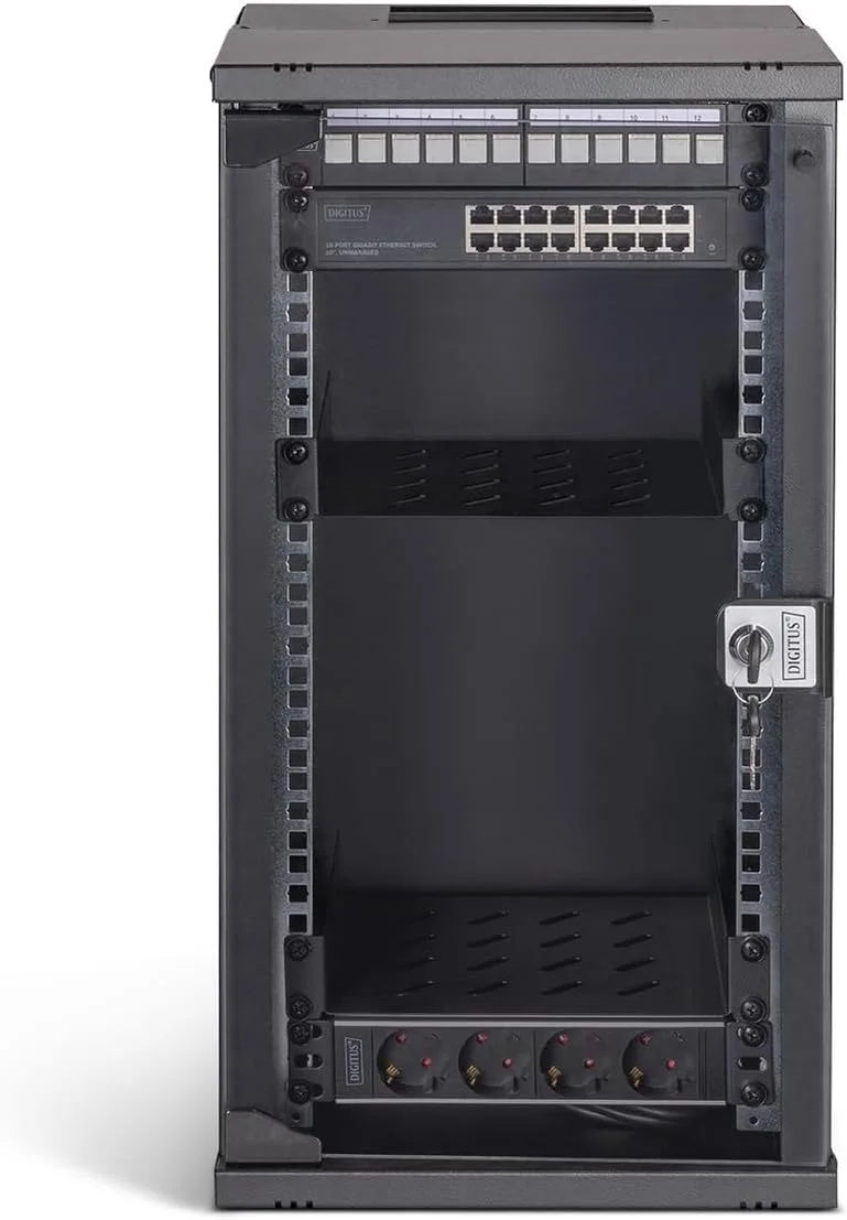 کیت شبکه 10 اینچی DIGITUS - رک شبکه 12 یونیت - 2 قفسه - محافظ برق - سوئیچ 16 پورت - پچ پنل 12 پورت - 12 ماژول کیستون - 20 کابل پچ - مونتاژ نشده - SOHO Pro - مشکی