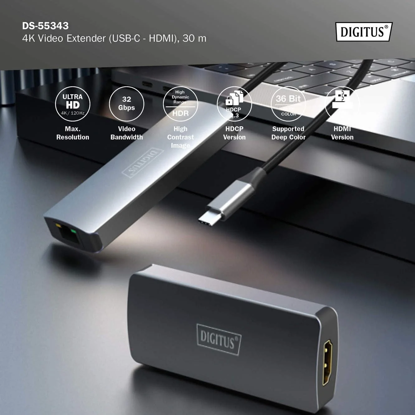 اکستندر USB-C به HDMI دیجی توس DS-55343 - UHD 4K 120Hz - 30 متر از طریق کابل LAN - ست فرستنده و گیرنده - HDMI 2.1، HDCP 2.3، USB 3.1 - HDR، رنگ عمیق