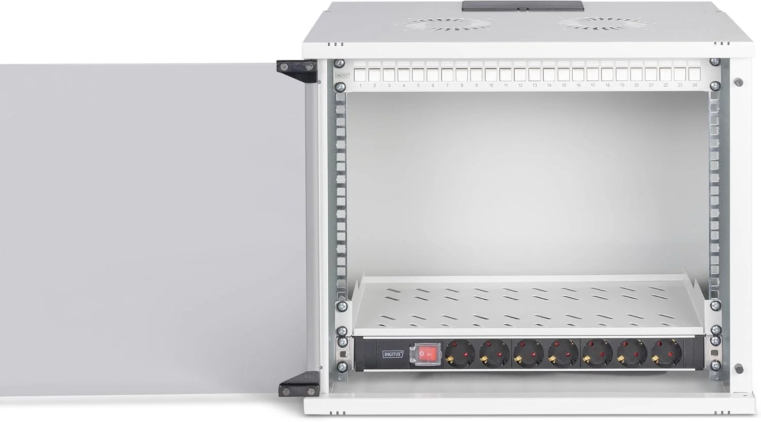 کیت شبکه 19 اینچی DIGITUS - رک شبکه 9 یونیت - قفسه 1 یونیت - پچ پنل 24 پورت - 24 ماژول کیستون - 30 کابل پچ - پاور استریپ - مونتاژ نشده - سری SOHO PRO - خاکستری