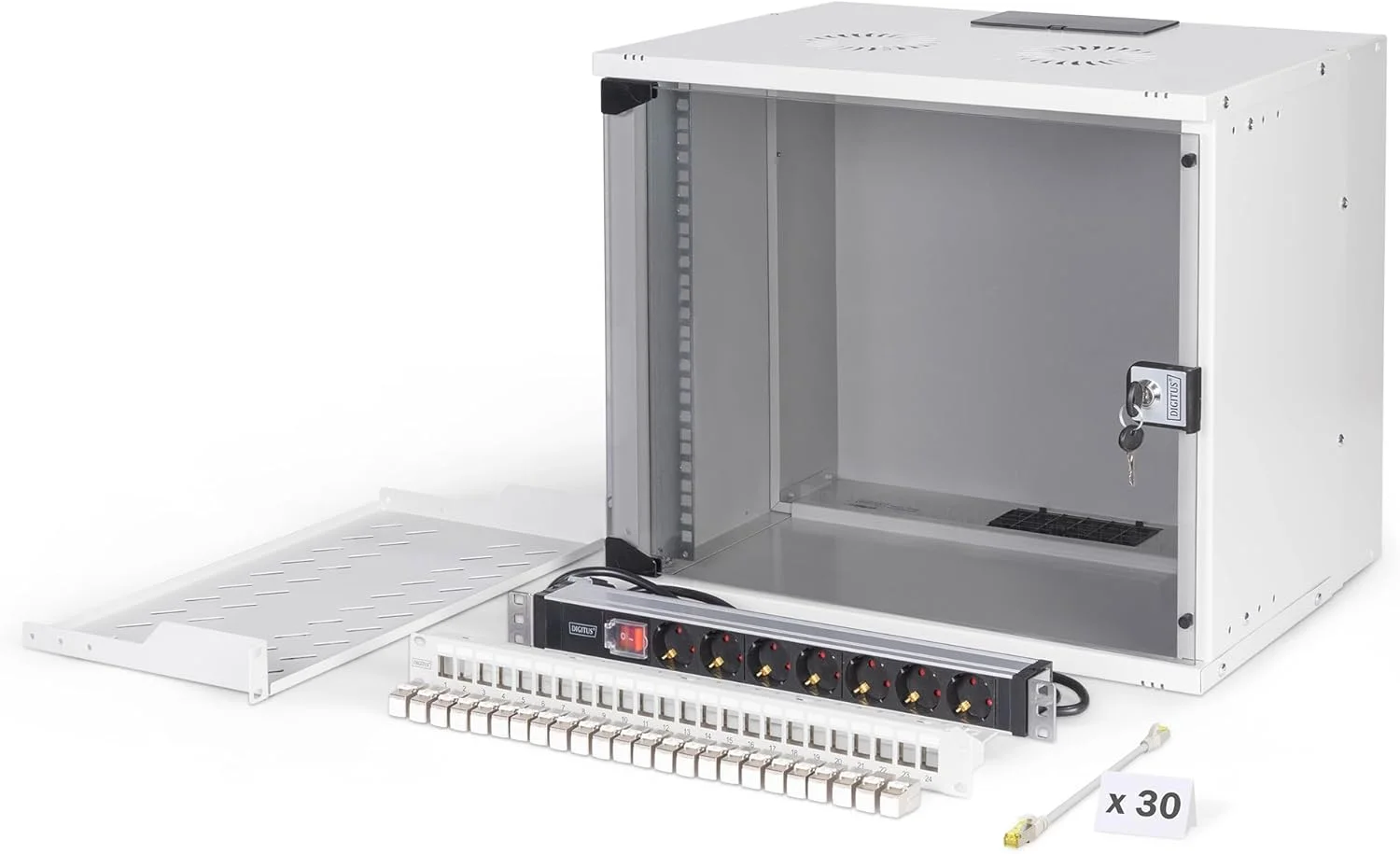 کیت شبکه 19 اینچی DIGITUS - رک شبکه 9 یونیت - قفسه 1 یونیت - پچ پنل 24 پورت - 24 ماژول کیستون - 30 کابل پچ - پاور استریپ - مونتاژ نشده - سری SOHO PRO - خاکستری