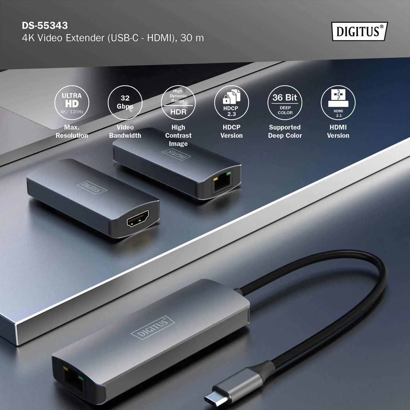 اکستندر USB-C به HDMI دیجی توس DS-55343 - UHD 4K 120Hz - 30 متر از طریق کابل LAN - ست فرستنده و گیرنده - HDMI 2.1، HDCP 2.3، USB 3.1 - HDR، رنگ عمیق