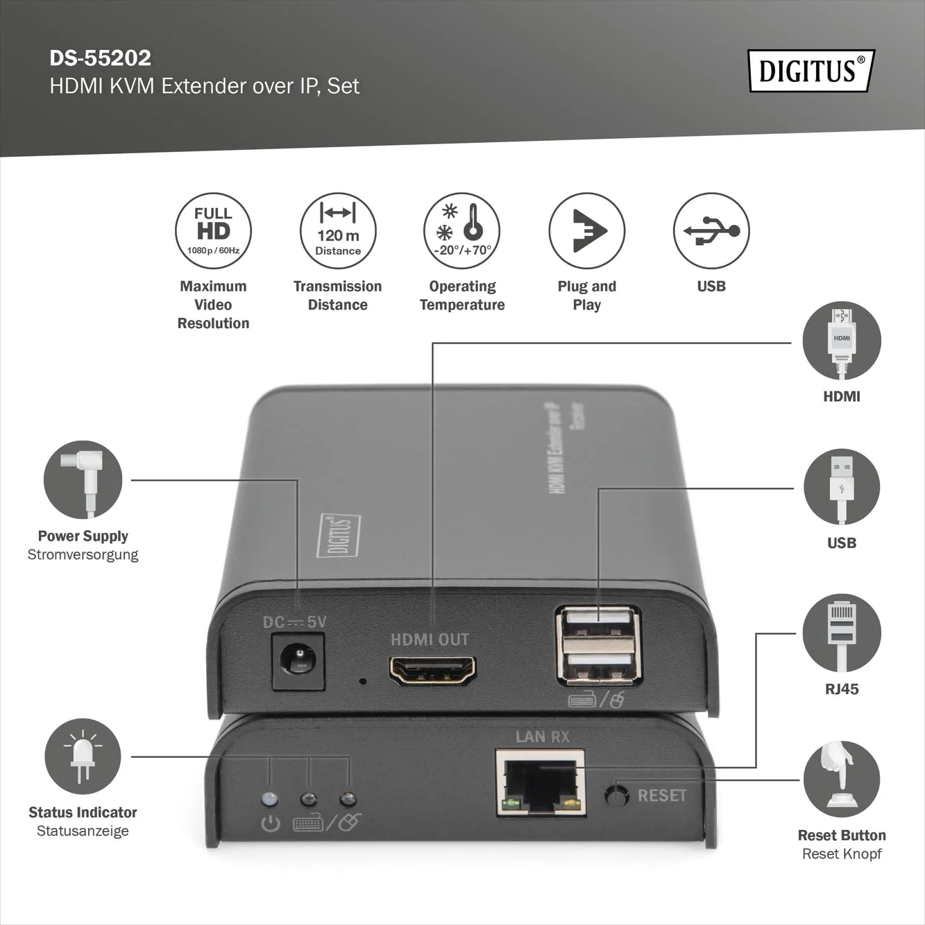 اکستندر HDMI KVM، 120 متر، فول اچ دی، 1080p از طریق کابل شبکه (Cat 5, 5E, 6)
