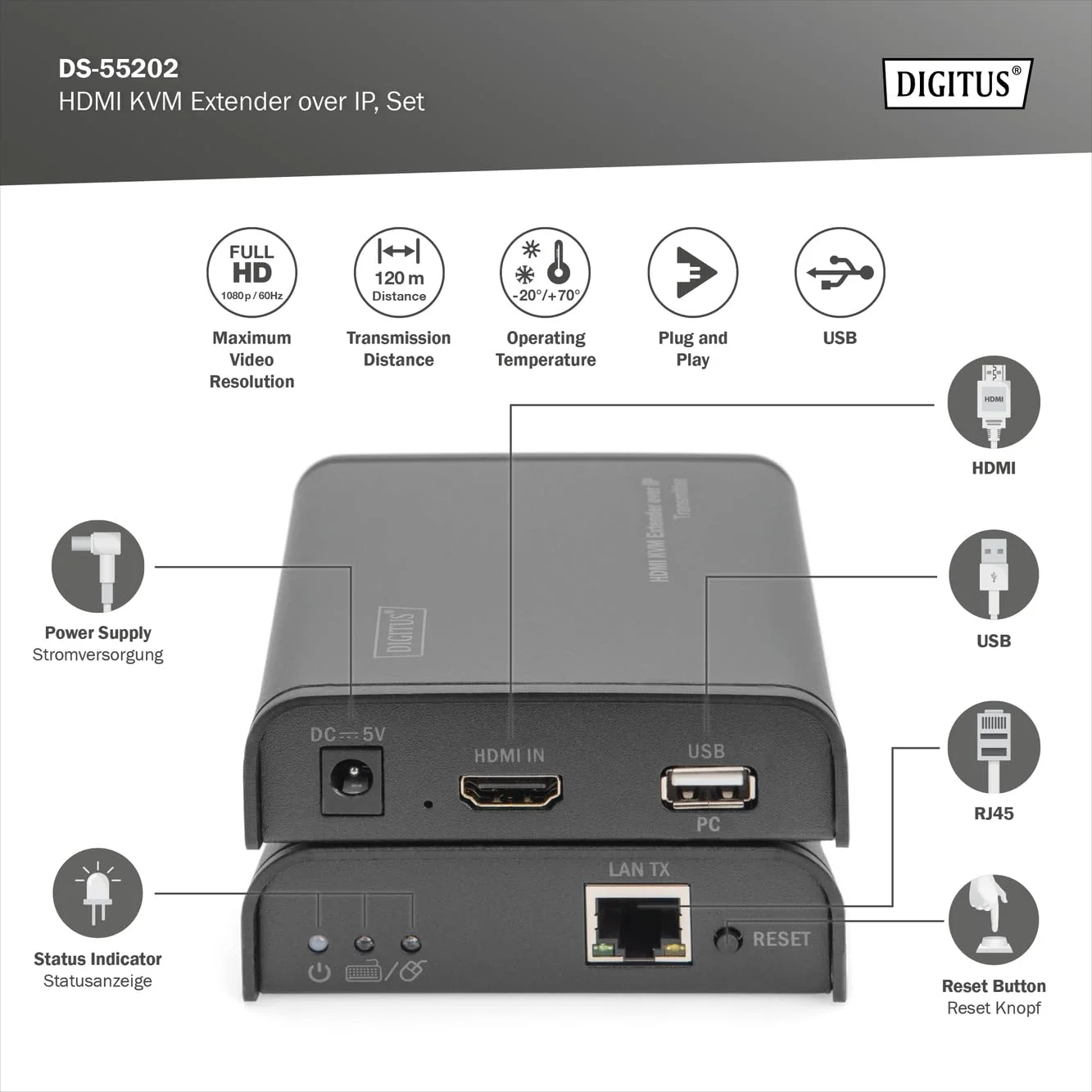 اکستندر HDMI KVM، 120 متر، فول اچ دی، 1080p از طریق کابل شبکه (Cat 5, 5E, 6)