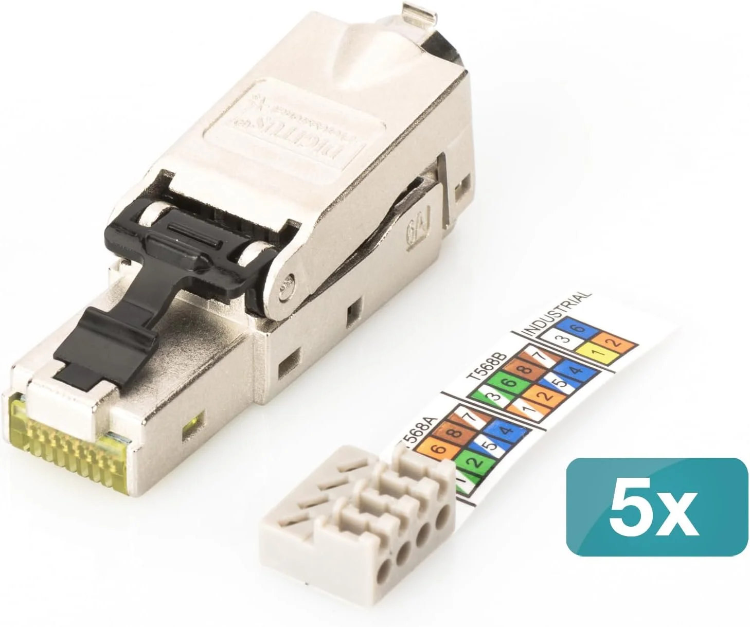 کانکتور شبکه DIGITUS DN-93631 - Cat 6A - 5 عدد - شیلد 360 درجه - کانکتور RJ45 Cat6A - مونتاژ بدون ابزار - 500 مگاهرتز - 10GBase-T - 10 گیگابیت بر ثانیه - AWG 27/7 تا AWG 22/1