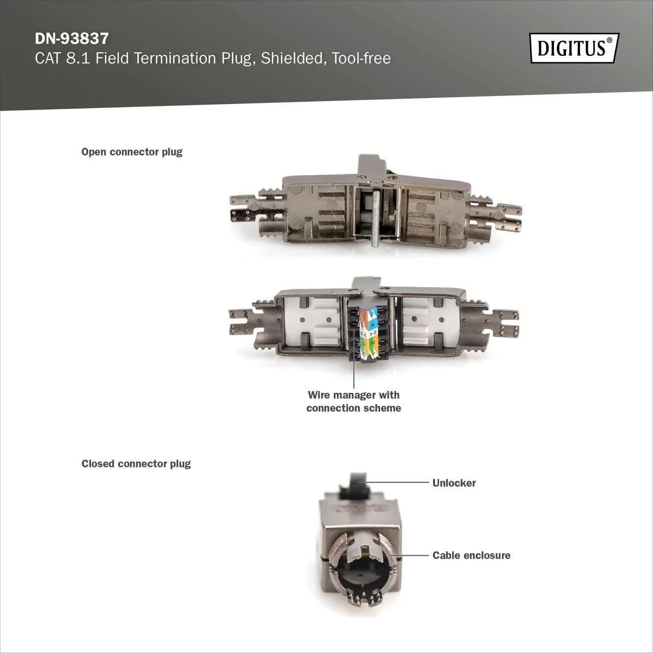 DIGITUS DN-93837 - کانکتور شبکه Cat 8.1 - 5 عدد - شیلد 360 درجه - کانکتور RJ45 Cat8 بدون نیاز به ابزار - 2000 مگاهرتز - 25GBase-T / 40GBase-T - 25 گیگابیت بر ثانیه / 40 گیگابیت بر ثانیه - AWG 26/7 تا AWG 222 1