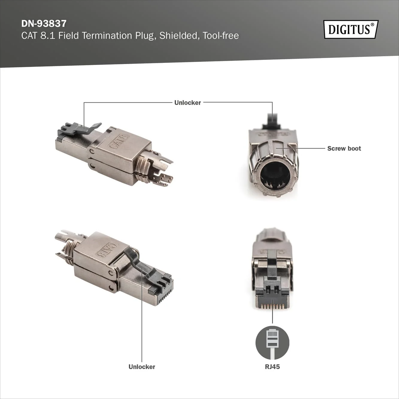 DIGITUS DN-93837 - کانکتور شبکه Cat 8.1 - 5 عدد - شیلد 360 درجه - کانکتور RJ45 Cat8 بدون نیاز به ابزار - 2000 مگاهرتز - 25GBase-T / 40GBase-T - 25 گیگابیت بر ثانیه / 40 گیگابیت بر ثانیه - AWG 26/7 تا AWG 222 1