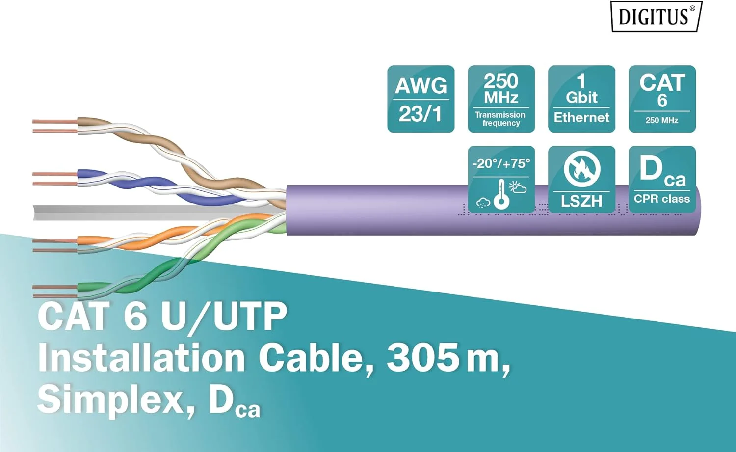 کابل نصب Digitus CAT 6 U-UTP، 250 مگاهرتز، AWG 23/1 Dca (LSZH-1)، 305 متر، جعبه کاغذی، سیمپلکس، بنفش کابل نصب Digitus CAT 6 U-UTP، 250 مگاهرتز، AWG 23/1 Dca (LSZH-1)، 305 متر، جعبه کاغذی، سیمپلکس، بنفش