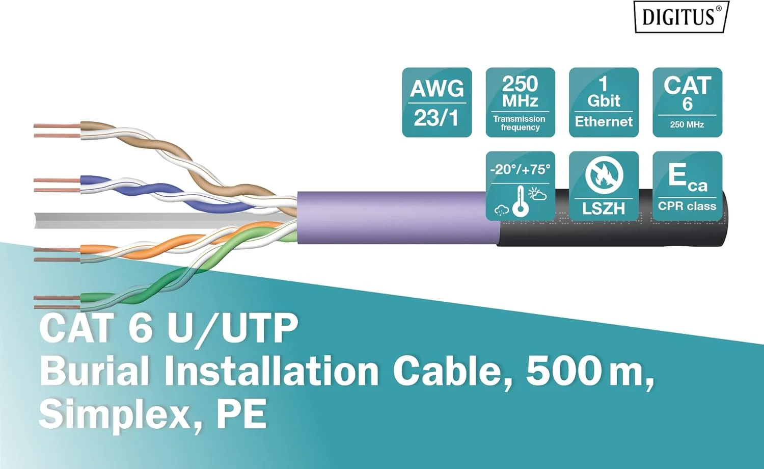 کابل شبکه بیرونی Cat 6 دیجی توس با طول 500 متر - U-UTP Simplex - BauPVO Eca - LSZH بدون هالوژن - 250 مگاهرتز مس AWG 23/1 - سازگار با PoE+ - کابل ارت کابل LAN کابل نصب - مشکی
