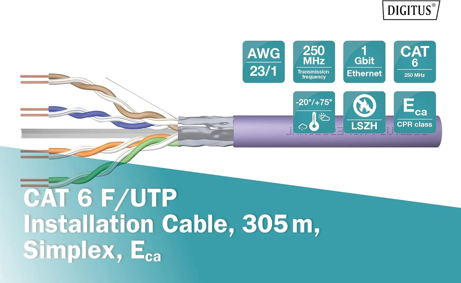 کابل نصب CAT 6 F-UTP، 250 مگاهرتز Eca (EN 50575)، AWG 23/1، حلقه 305 متری، تک رشته، بنفش