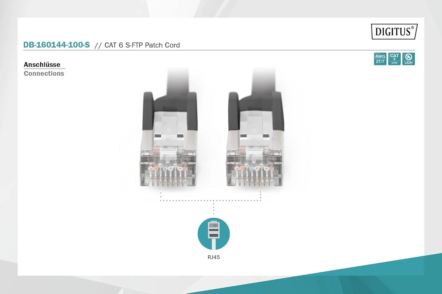 کابل پچ Digitus، CAT6، RJ45 نر/نر، 10.0 متر، S-FTP، AWG 27/7، LSZH، مشکی