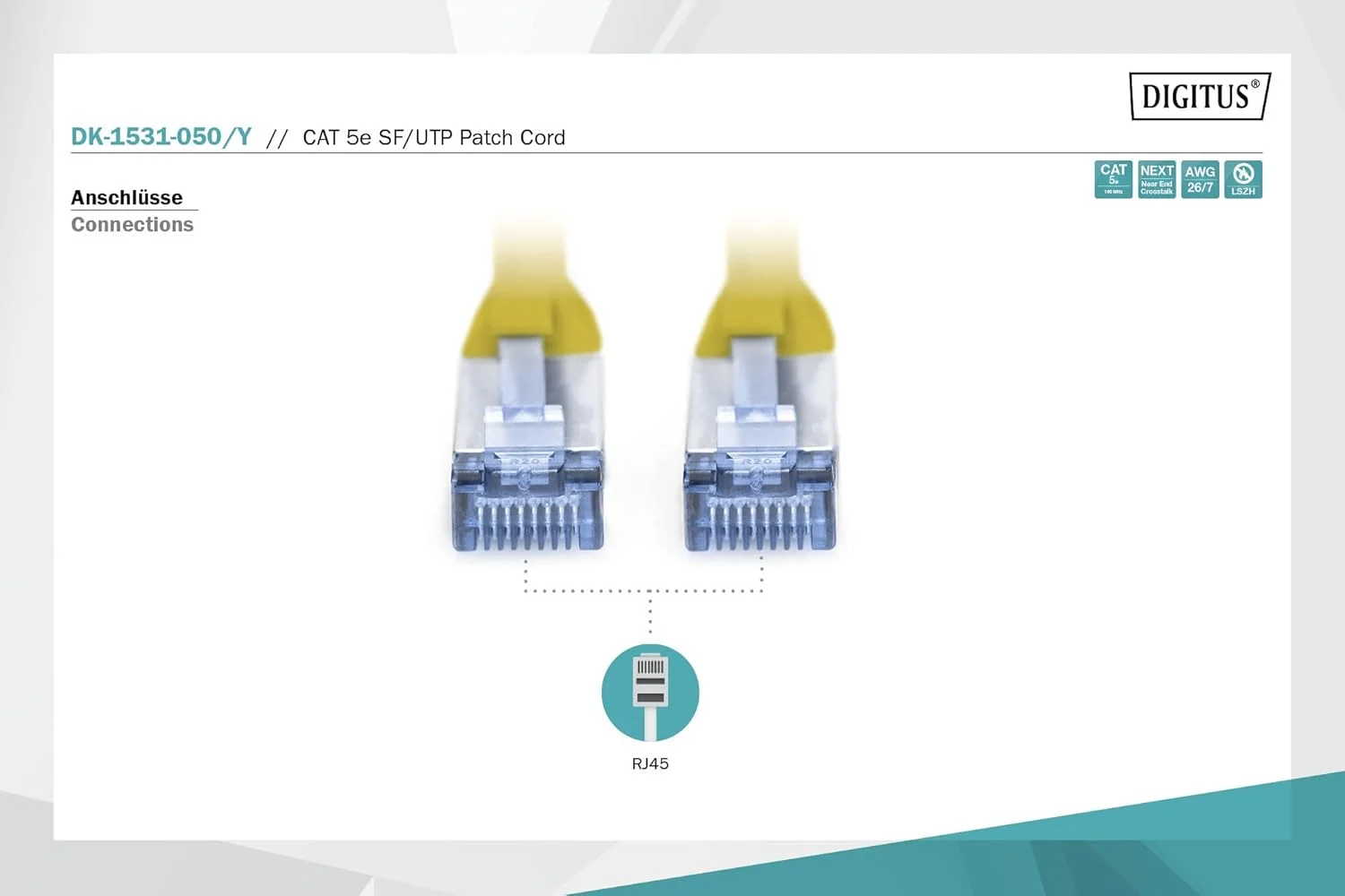 کابل شبکه DIGITUS LAN Cat 5e - 5 متری - کابل شبکه RJ45 - SF/UTP شیلددار - سازگار با Cat-6 و Cat-6A - زرد