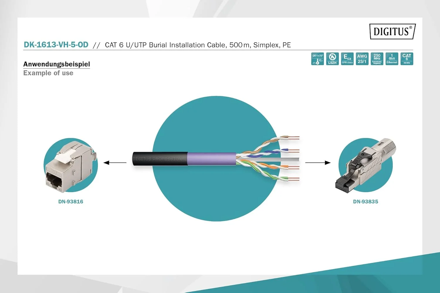 کابل شبکه بیرونی Cat 6 دیجی توس با طول 500 متر - U-UTP Simplex - BauPVO Eca - LSZH بدون هالوژن - 250 مگاهرتز مس AWG 23/1 - سازگار با PoE+ - کابل ارت کابل LAN کابل نصب - مشکی