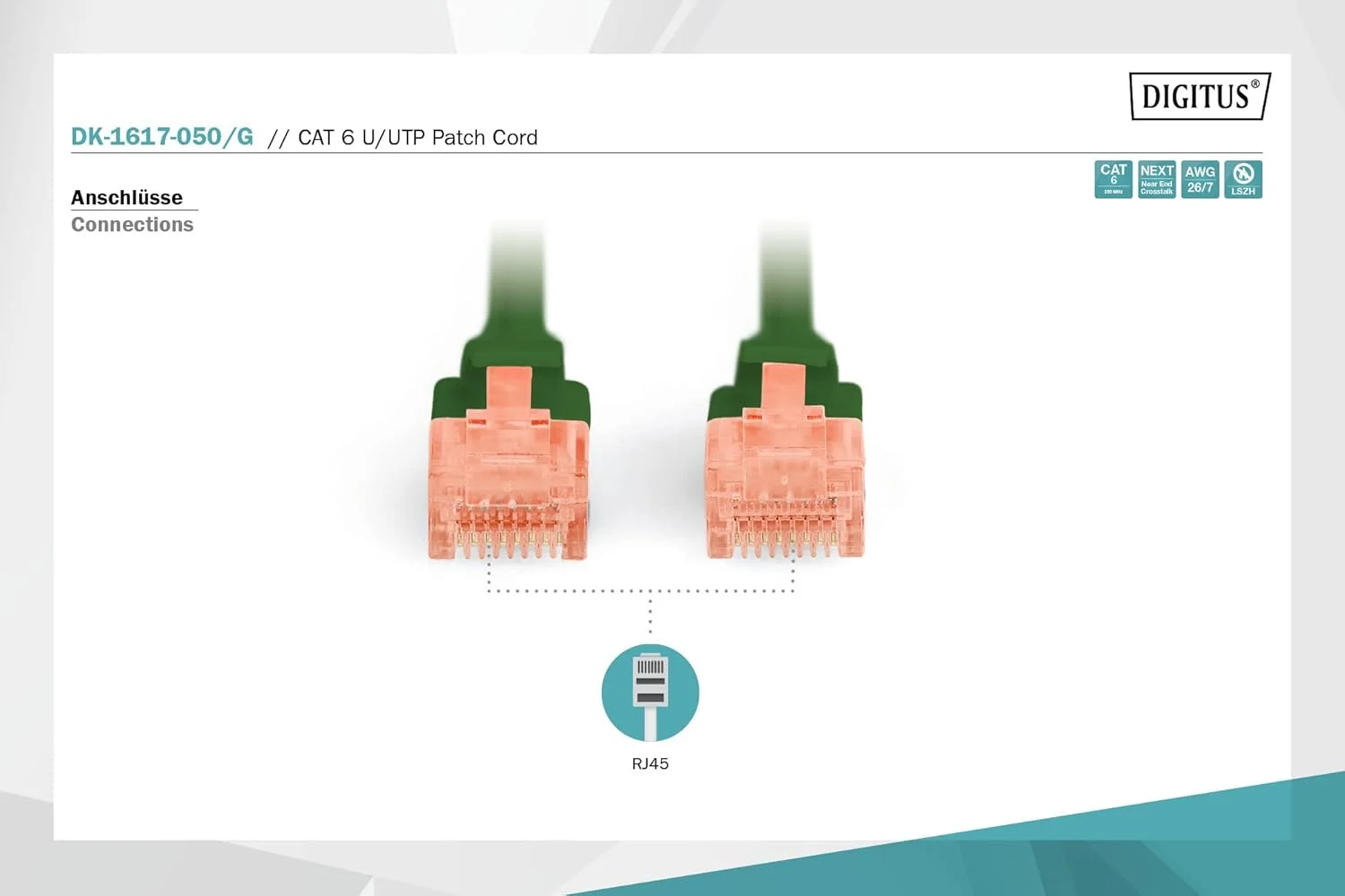 کابل شبکه پچ کورد Digitus CAT 6 U-UTP، 5 متری، کابل LAN DSL اترنت، LSZH، مس، AWG 26/7، سبز