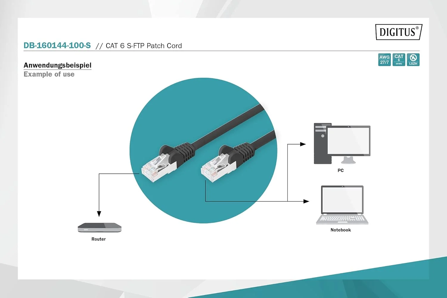 کابل پچ Digitus، CAT6، RJ45 نر/نر، 10.0 متر، S-FTP، AWG 27/7، LSZH، مشکی