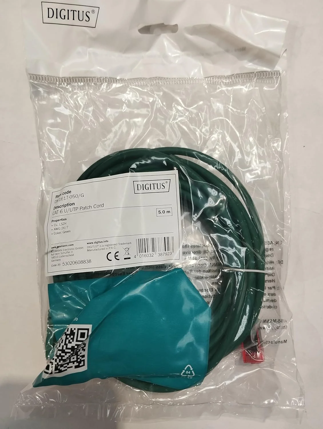 کابل شبکه پچ کورد Digitus CAT 6 U-UTP، 5 متری، کابل LAN DSL اترنت، LSZH، مس، AWG 26/7، سبز