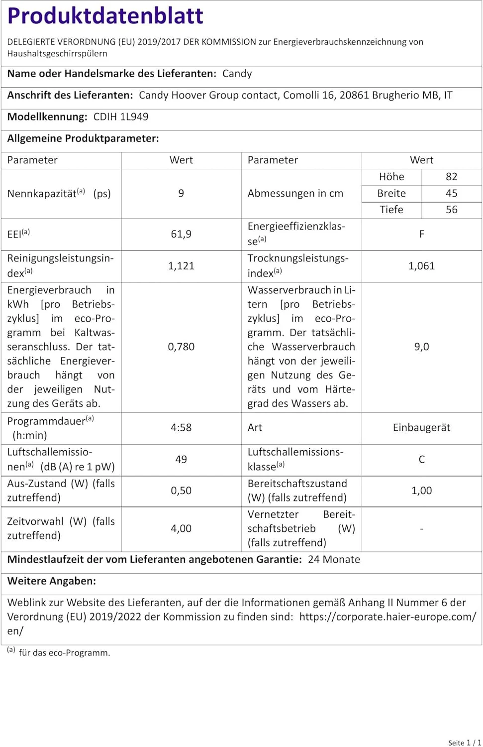 ماشین ظرفشویی توکار باریک کندی براوا CDIH 1L949 با ظرفیت 9 نفره