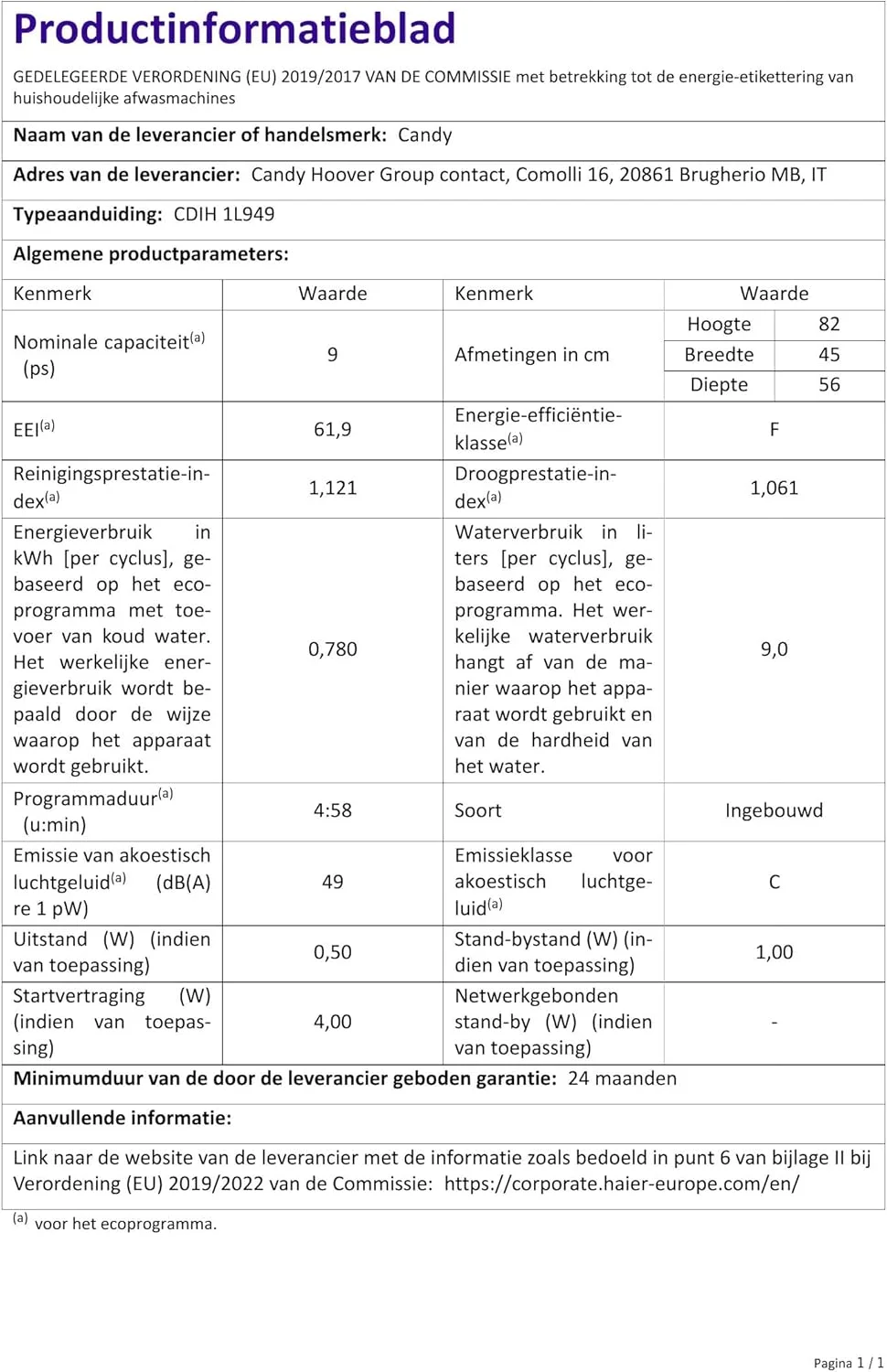 ماشین ظرفشویی توکار باریک کندی براوا CDIH 1L949 با ظرفیت 9 نفره