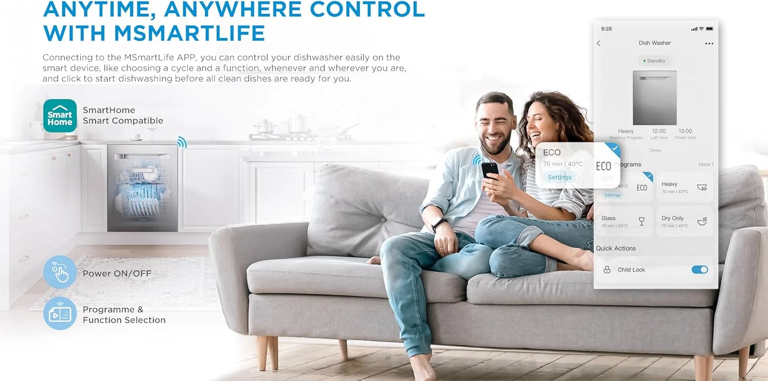 ماشین ظرفشویی ایستاده هوشمند میدیا با موتور BLDC، 15 نفره، 9 برنامه، وای فای، سرعت توربو، شستشوی قدرتمند و عملکرد باز شدن خودکار، بی صدا و با راندمان انرژی بالا، مشکی - WQP15-WU7633GUR(BS)-GCC