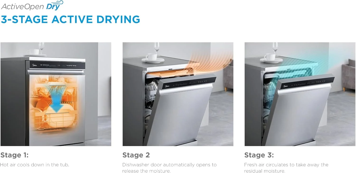 ماشین ظرفشویی ایستاده هوشمند میدیا با ظرفیت 15 نفره، 9 برنامه، وای فای، شروع تاخیری و عملکرد باز شدن خودکار، کم صدا و با راندمان انرژی بالا، شستشوی سریع و ابری، نقره ای - WQP15-W7633D(SS)-GCC