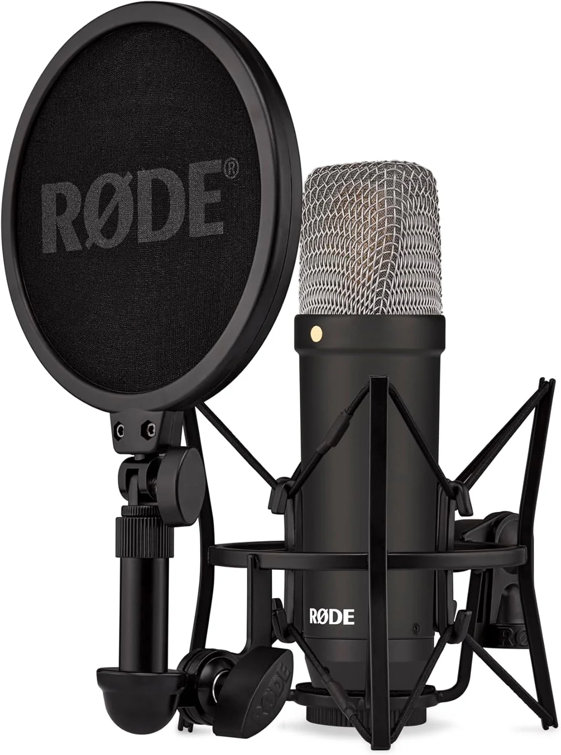 میکروفون کاندنسر دیافراگم بزرگ RØDE NT1 Signature Series به همراه لرزه‌گیر، پاپ فیلتر و کابل XLR برای تولید موسیقی، ضبط وکال، استریمینگ و پادکست (مشکی)