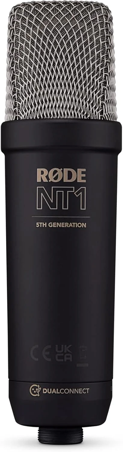 میکروفون کاندنسر استودیویی دیافراگم بزرگ RØDE NT1 نسل پنجم با خروجی های XLR و USB، به همراه لرزه گیر و پاپ فیلتر برای تولید موسیقی، ضبط وکال و پادکست (مشکی)
