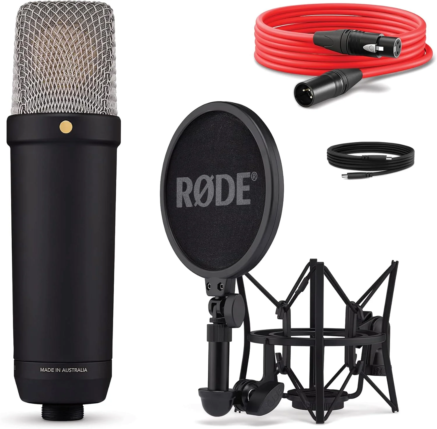 میکروفون کاندنسر استودیویی دیافراگم بزرگ RØDE NT1 نسل پنجم با خروجی های XLR و USB، به همراه لرزه گیر و پاپ فیلتر برای تولید موسیقی، ضبط وکال و پادکست (مشکی)