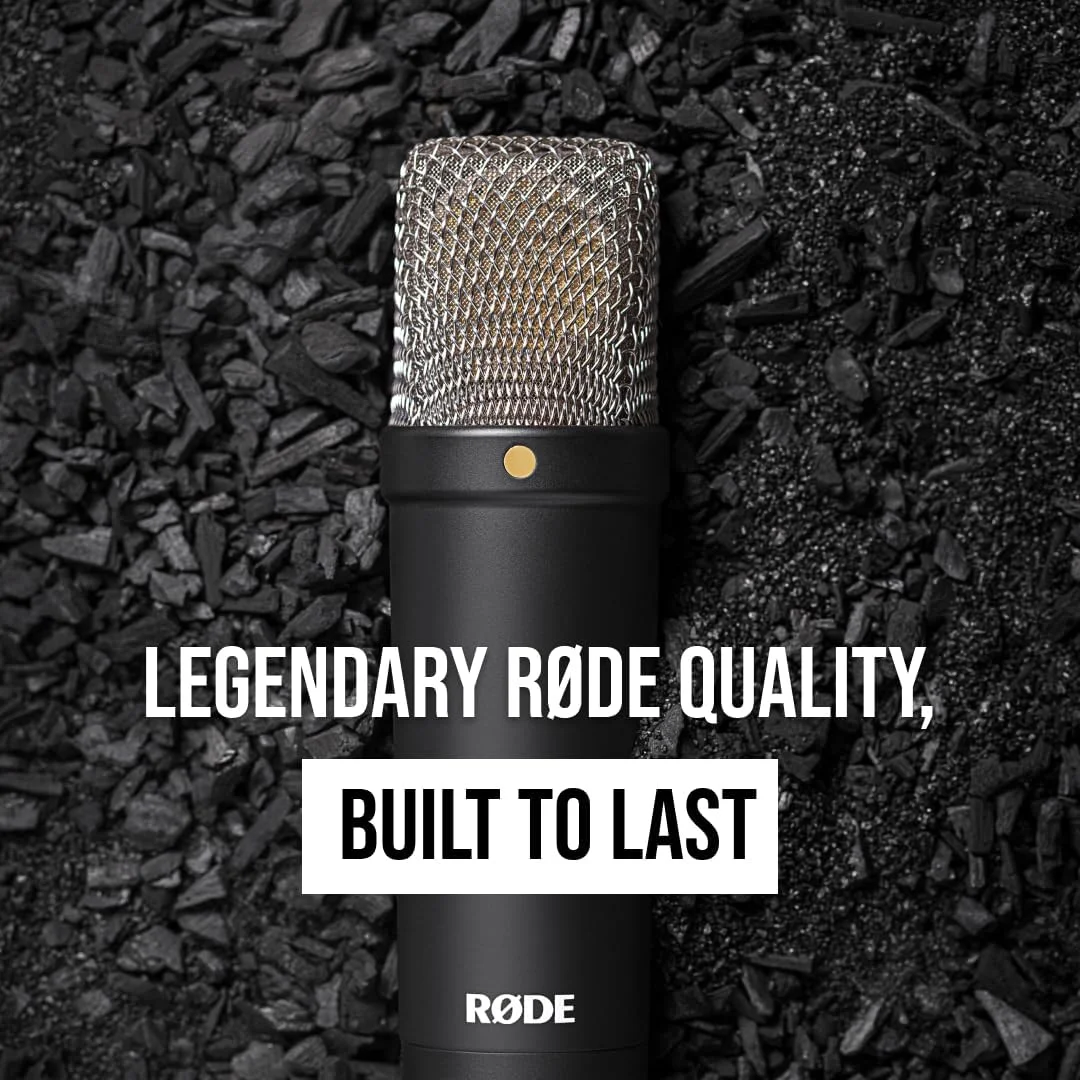 میکروفون کاندنسر دیافراگم بزرگ RØDE NT1 Signature Series به همراه لرزه‌گیر، پاپ فیلتر و کابل XLR برای تولید موسیقی، ضبط وکال، استریمینگ و پادکست (مشکی)