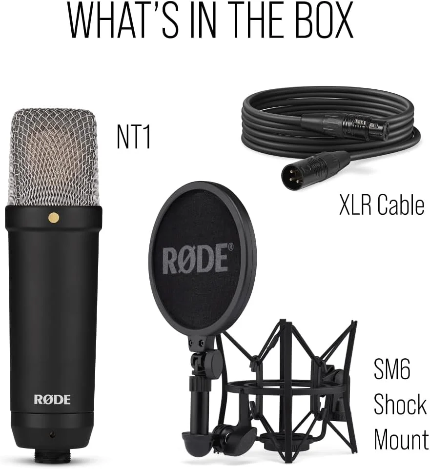 میکروفون کاندنسر دیافراگم بزرگ RØDE NT1 Signature Series به همراه لرزه‌گیر، پاپ فیلتر و کابل XLR برای تولید موسیقی، ضبط وکال، استریمینگ و پادکست (مشکی)