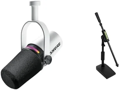 میکروفون Shure MV7+ به همراه پایه میکروفون رومیزی جمع و جور و کم حجم