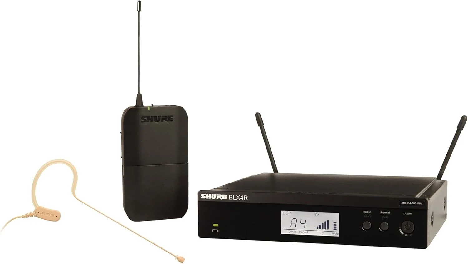 سیستم میکروفون بی سیم Shure BLX14R/MX53 با گیرنده رک مونت BLX4R، فرستنده بدنه BLX1 و میکروفون مینیاتوری هدست MX153 برای ارائه ها، اماکن مذهبی و صدای زنده - باند H10