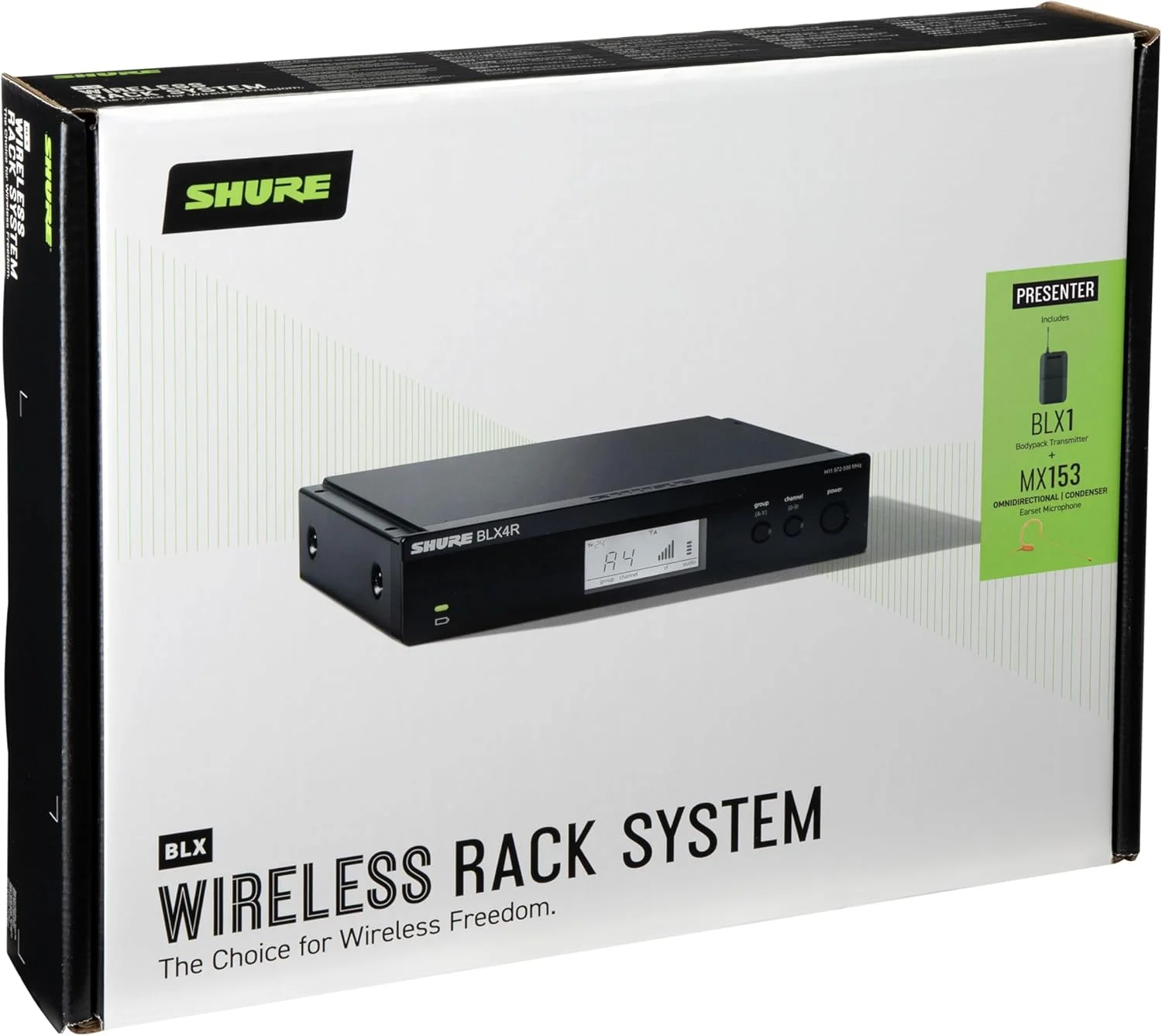 سیستم میکروفون بی سیم Shure BLX14R/MX53 با گیرنده رک مونت BLX4R، فرستنده بدنه BLX1 و میکروفون مینیاتوری هدست MX153 برای ارائه ها، اماکن مذهبی و صدای زنده - باند H10