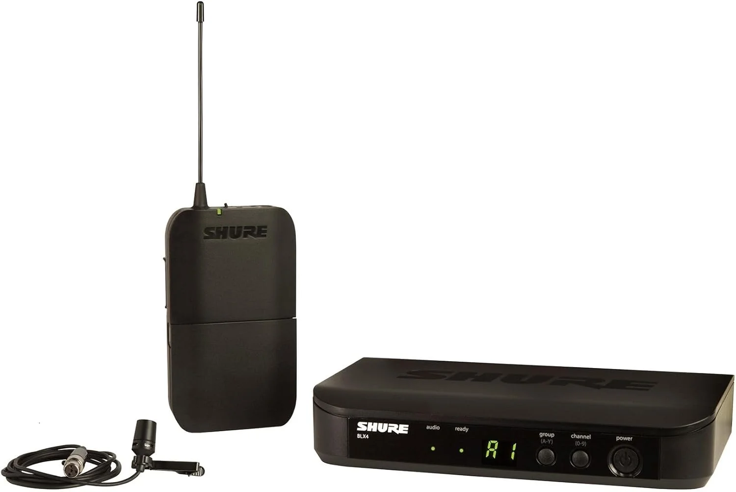 سیستم میکروفون بی سیم Shure BLX14/CVL - عمر باتری 14 ساعته، برد 300 فوت، UHF | شامل میکروفون یقه ای CVL، فرستنده بدنه، گیرنده تک کاناله | باند H9 (BLX14/CVL-H9)