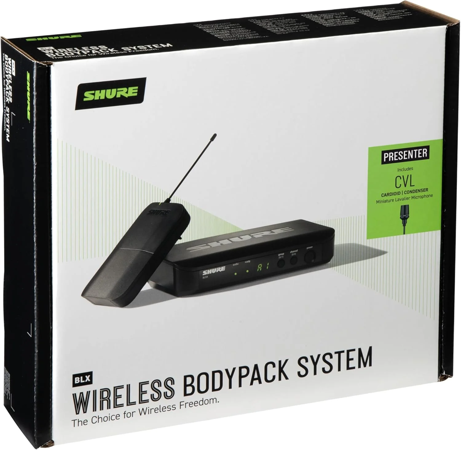 سیستم میکروفون بی سیم Shure BLX14/CVL - عمر باتری 14 ساعته، برد 300 فوت، UHF | شامل میکروفون یقه ای CVL، فرستنده بدنه، گیرنده تک کاناله | باند H9 (BLX14/CVL-H9)