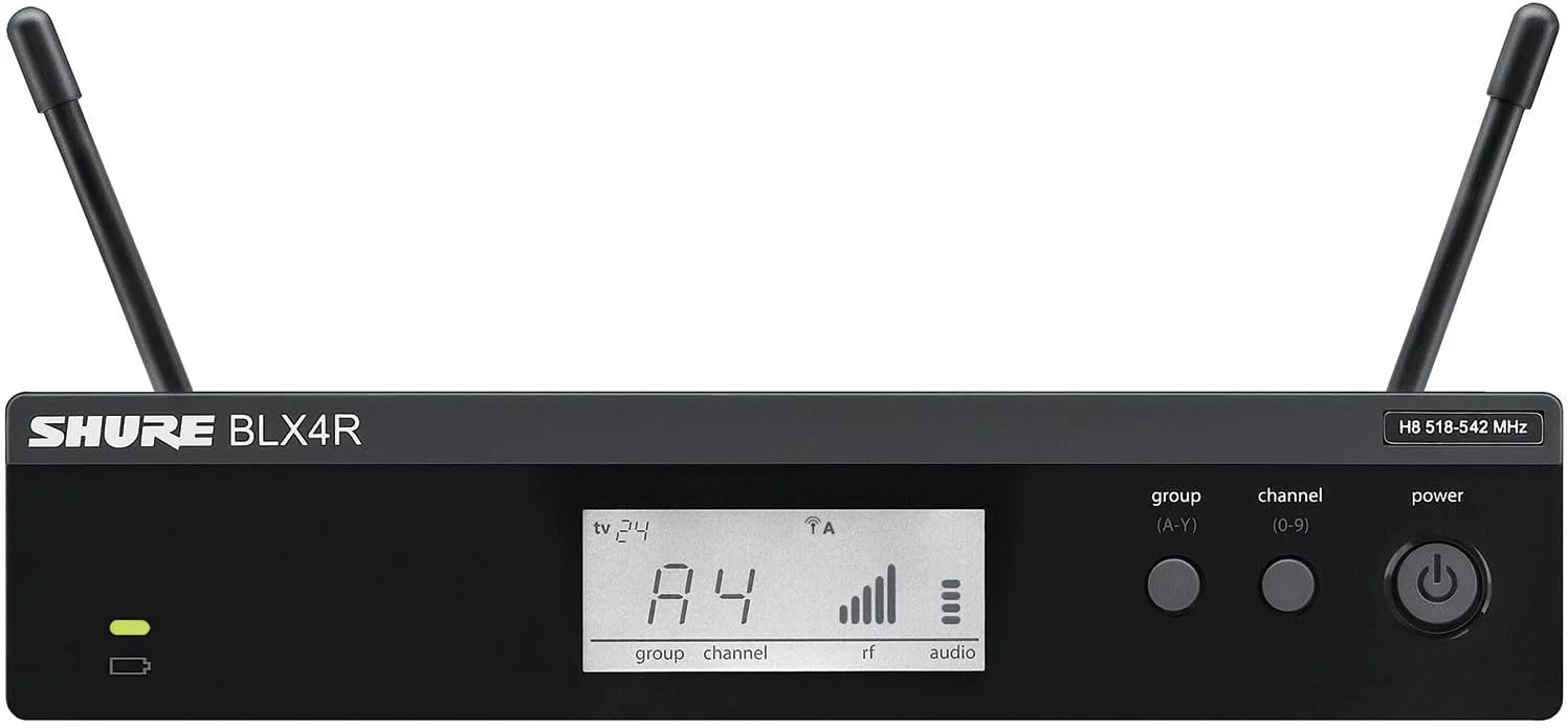 سیستم میکروفون بی سیم Shure BLX14R/MX53 با گیرنده رک مونت BLX4R، فرستنده بدنه BLX1 و میکروفون مینیاتوری هدست MX153 برای ارائه ها، اماکن مذهبی و صدای زنده - باند H10