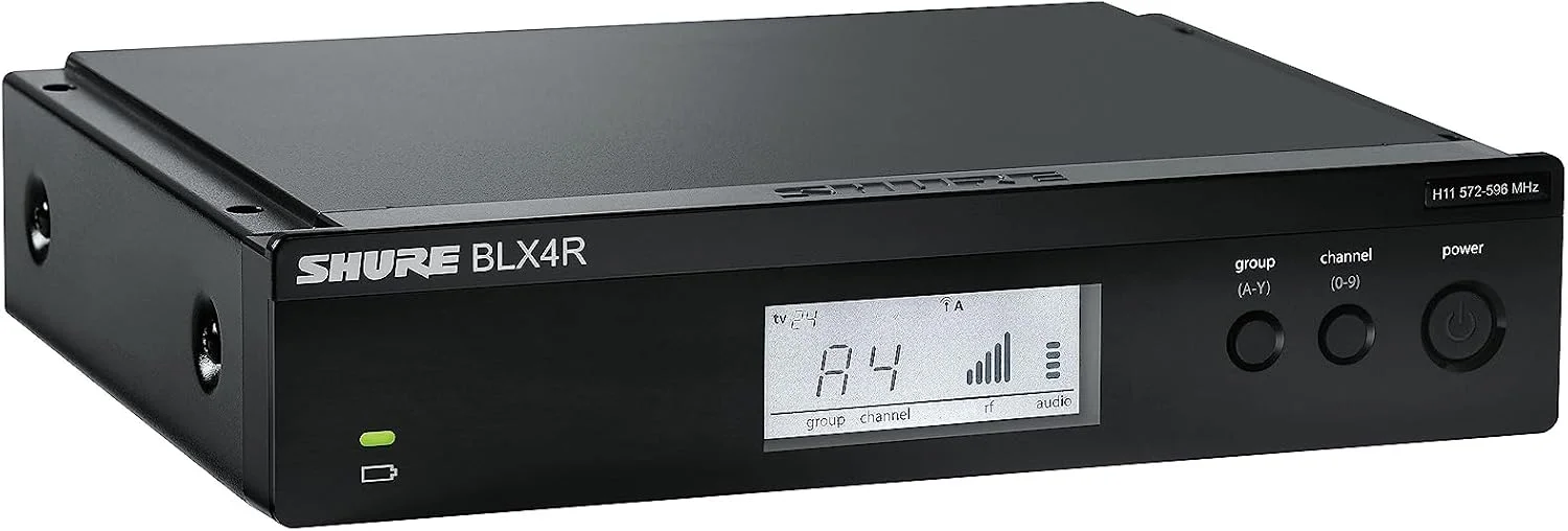 سیستم میکروفون بی سیم Shure BLX14R/MX53 با گیرنده رک مونت BLX4R، فرستنده بدنه BLX1 و میکروفون مینیاتوری هدست MX153 برای ارائه ها، اماکن مذهبی و صدای زنده - باند H10
