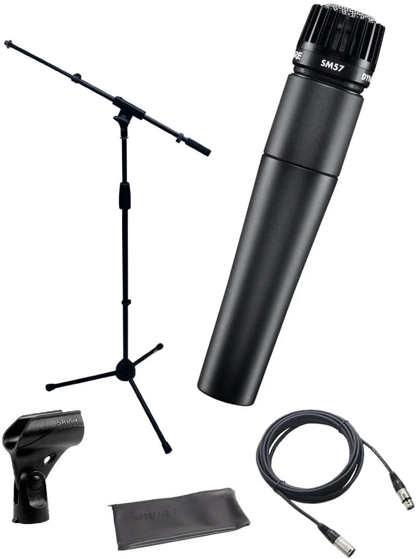 بسته میکروفون داینامیک کاردیود Shure SM57-LC مناسب ساز/وکال به همراه پایه بوم میکروفون، کابل XLR، گیره میکروفون و کیف