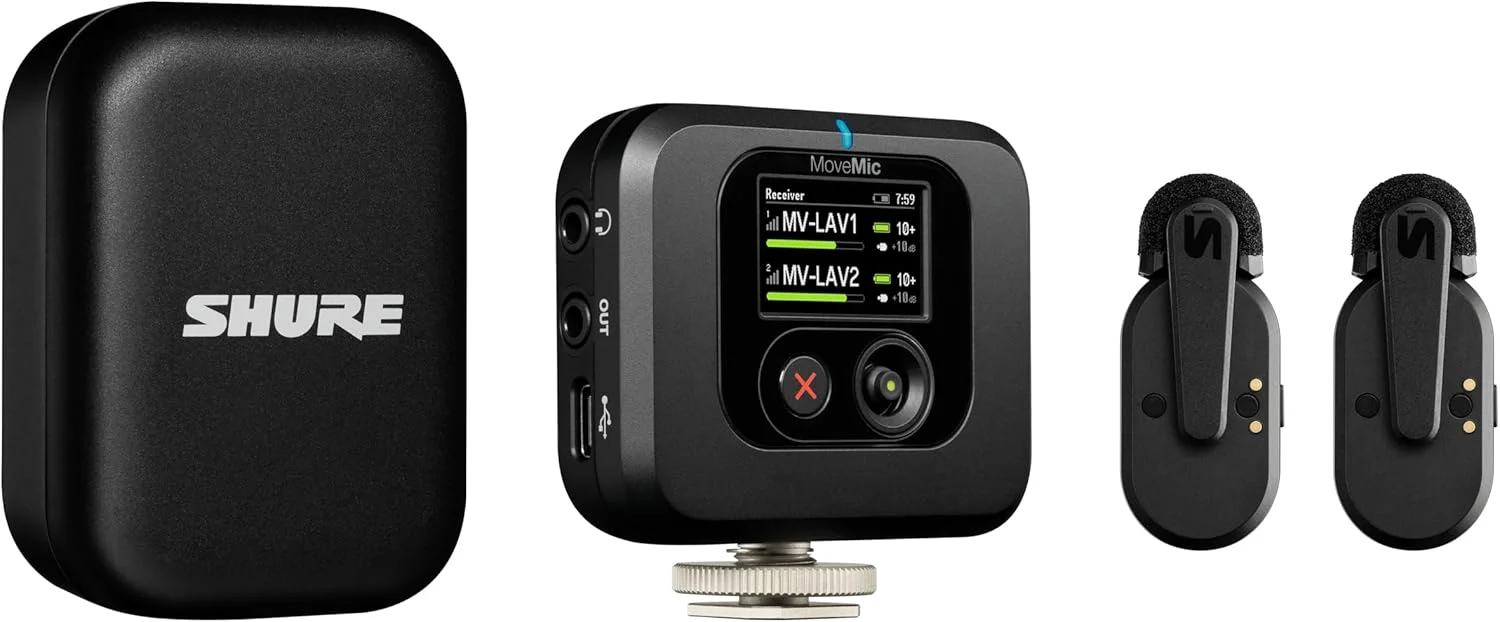 کیت گیرنده دو کاناله Shure MoveMic Two، میکروفون یقه ای بی سیم دو کاناله مستقیم به تلفن همراه با گیرنده MoveMic، قابل حمل، ضبط صدای عالی، مشکی