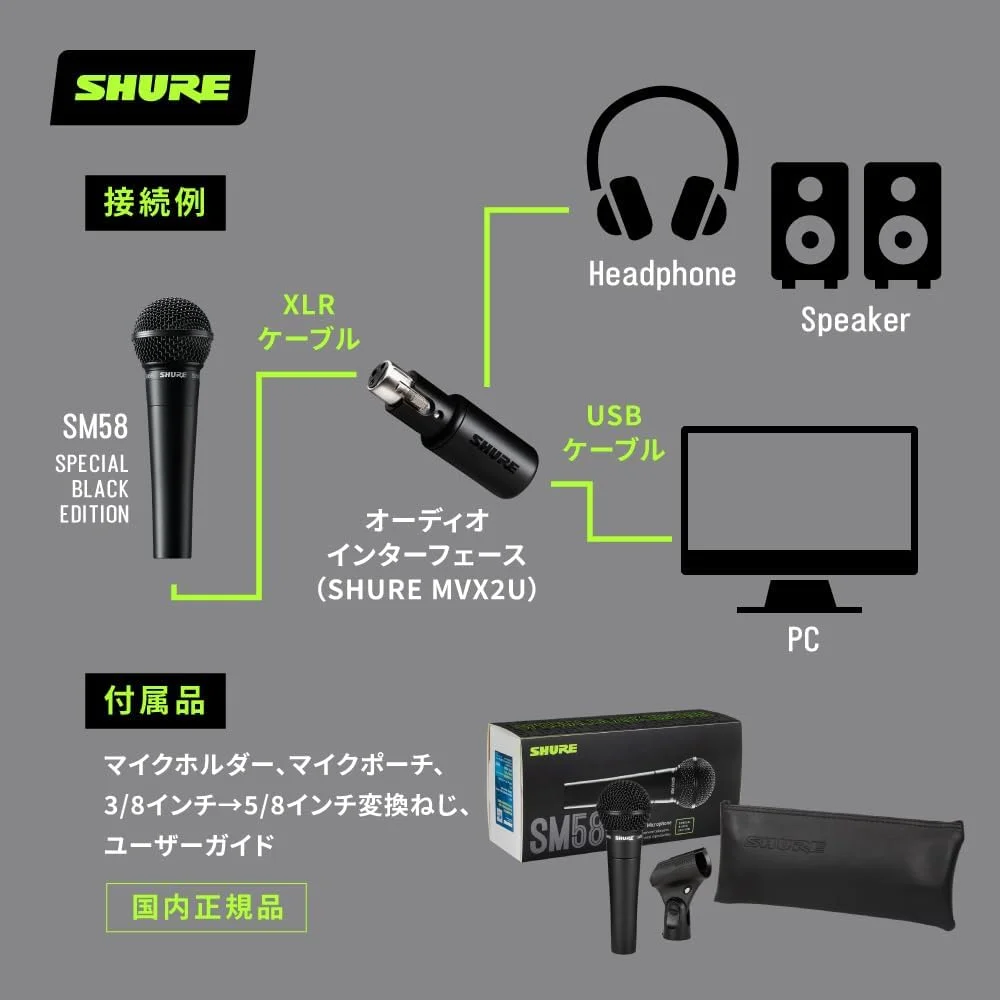میکروفون داینامیک Shure SM58 Pro XLR - میکروفون کاردیود حرفه ای استودیویی و اجرای زنده برای وکال، پادکست و ضبط صدا، نسخه ویژه مشکی