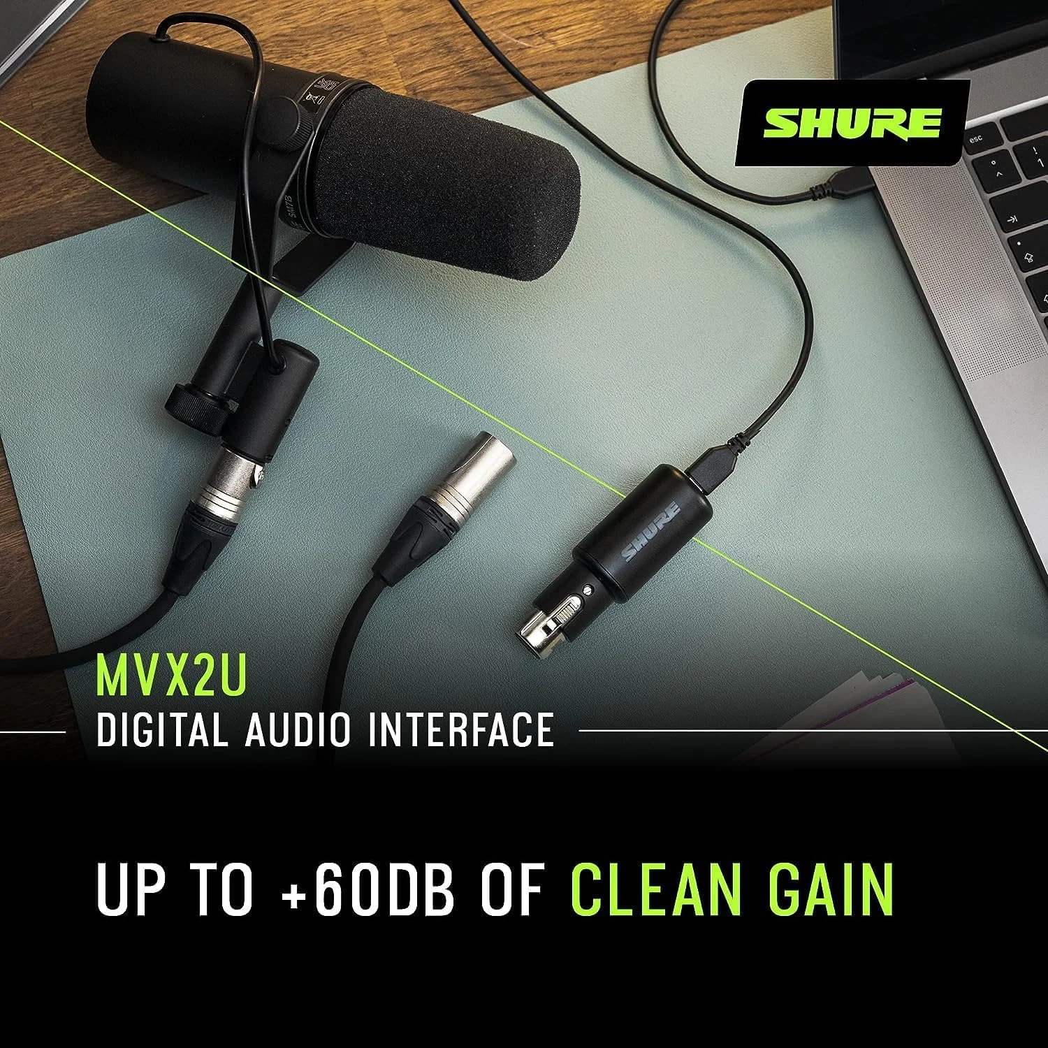 میکروفون وکال داینامیک کاردیوید Shure SM58-LC + رابط دیجیتال XLR به USB Shure MVX2U با جک هدفون میکروفون وکال داینامیک کاردیوید Shure SM58-LC + رابط دیجیتال XLR به USB Shure MVX2U با جک هدفون