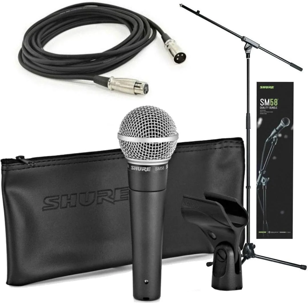 بسته با کیفیت Shure SM58 شامل میکروفون وکال داینامیک کاردیوئید SM58، کابل XLR 15 فوتی، پایه میکروفون، گیره میکروفون A25D و کیف نگهداری، مناسب برای استیج یا استودیو (SM58-KM-SOM)