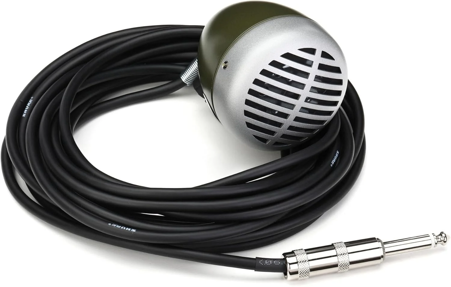 میکروفون داینامیک Shure 520DX "Green Bullet" برای نوازندگان سازدهنی بلوز، الگوی قطبی Omni، دکمه کنترل صدا، کابل متصل با فیش 1/4 اینچی، بدنه مقاوم سبز/کروم دایکاست