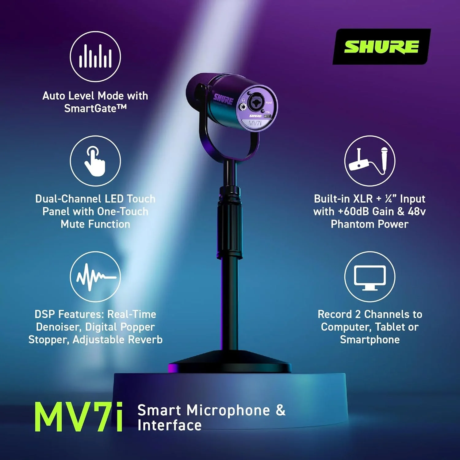 میکروفون هوشمند Shure MV7i با رابط صوتی داخلی - میکروفون پادکست و موسیقی با 2 کانال، XLR و 1/4 اینچ، USB-C برای Mac/PC/تلفن، ویژگی های پیشرفته DSP، طراحی تمام فلزی، حالت سطح خودکار میکروفون هوشمند Shure MV7i با رابط صوتی داخلی - میکروفون پادکست و موسیقی با 2 کانال، XLR و 1/4 اینچ، USB-C برای Mac/PC/تلفن، ویژگی های پیشرفته DSP، طراحی تمام فلزی، حالت سطح خودکار
