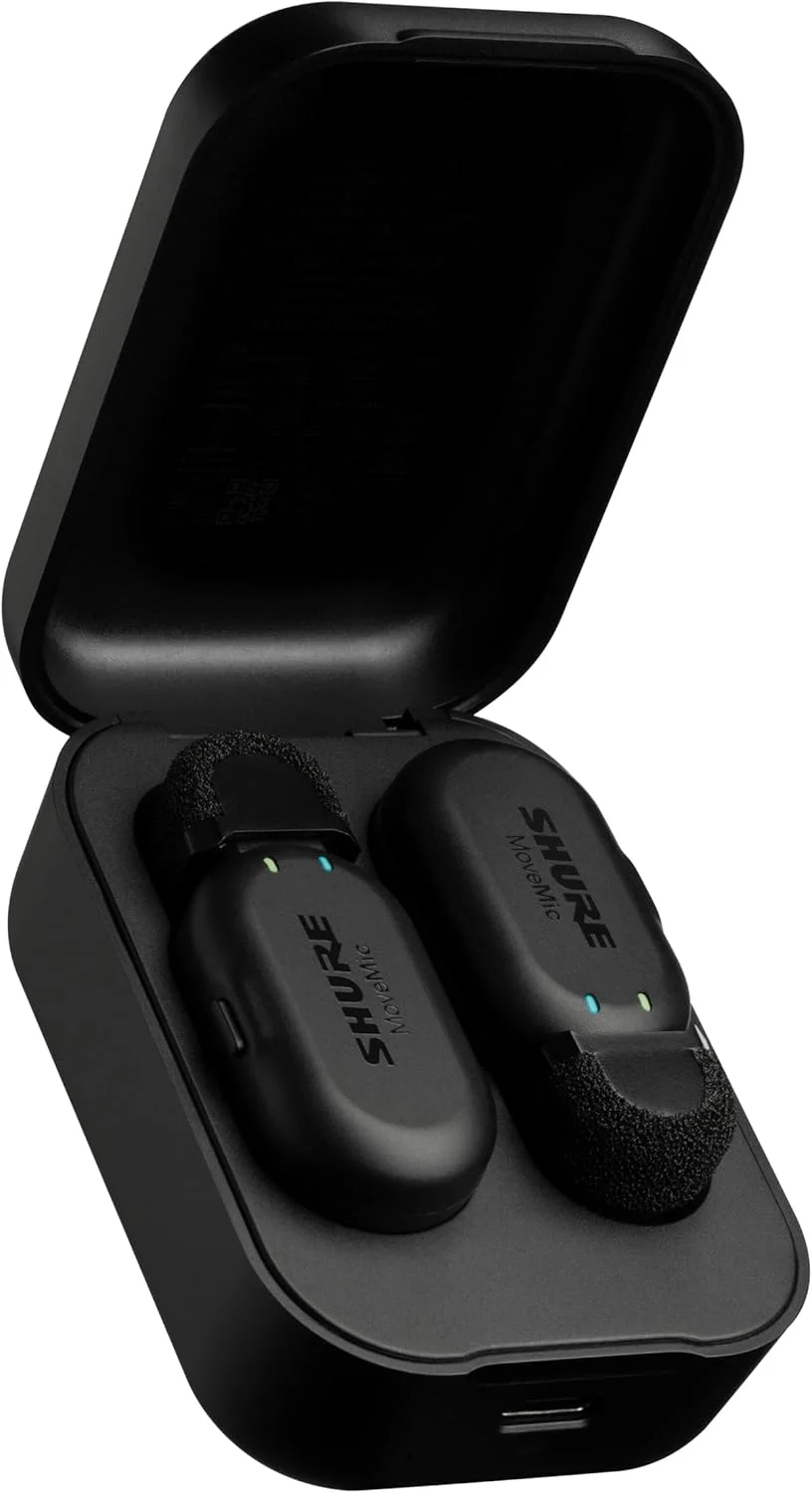 سیستم میکروفون یقه ای بی سیم دو کاناله Shure MoveMic Two، ضبط صدای ممتاز و قابل حمل، مناسب برای تولیدکنندگان محتوا، مشکی