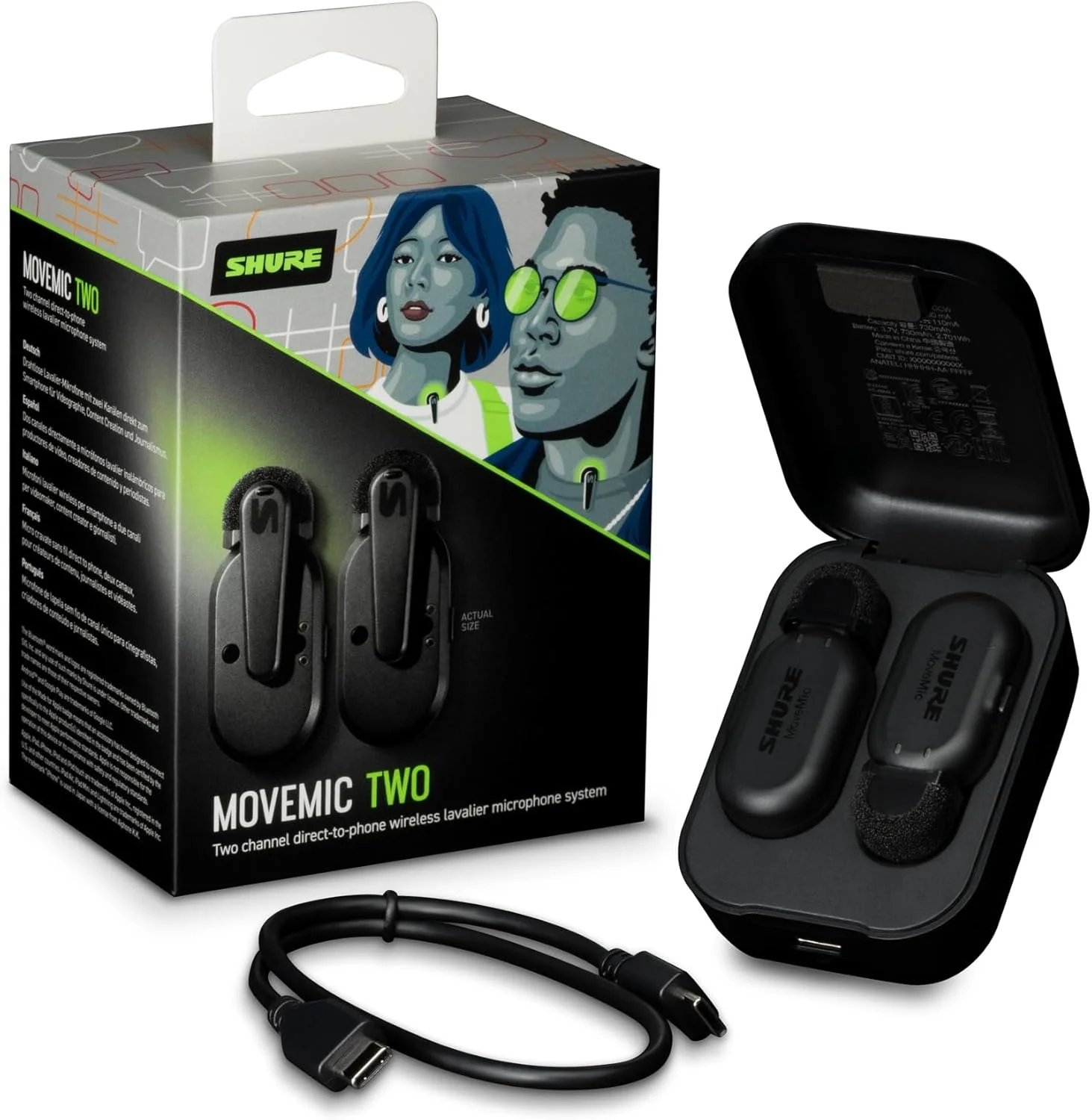 سیستم میکروفون یقه ای بی سیم دو کاناله Shure MoveMic Two، ضبط صدای ممتاز و قابل حمل، مناسب برای تولیدکنندگان محتوا، مشکی