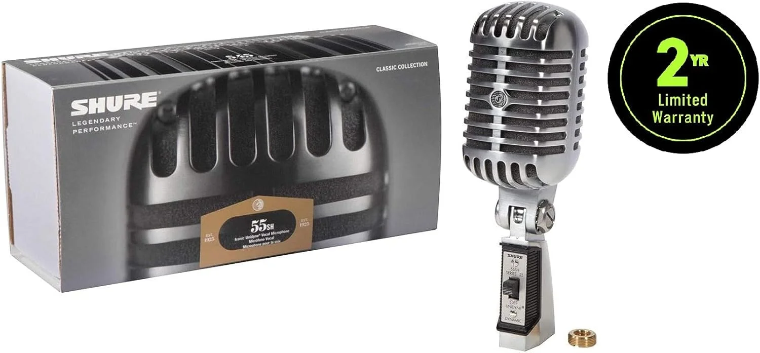 میکروفون وکال Shure 55SH Series II، Unidyne، الگوی قطبی کاردیوئید، طراحی کلاسیک، برای اجرای زنده، استودیو و پادکست، نقره ای میکروفون وکال Shure 55SH Series II، Unidyne، الگوی قطبی کاردیوئید، طراحی کلاسیک، برای اجرای زنده، استودیو و پادکست، نقره ای