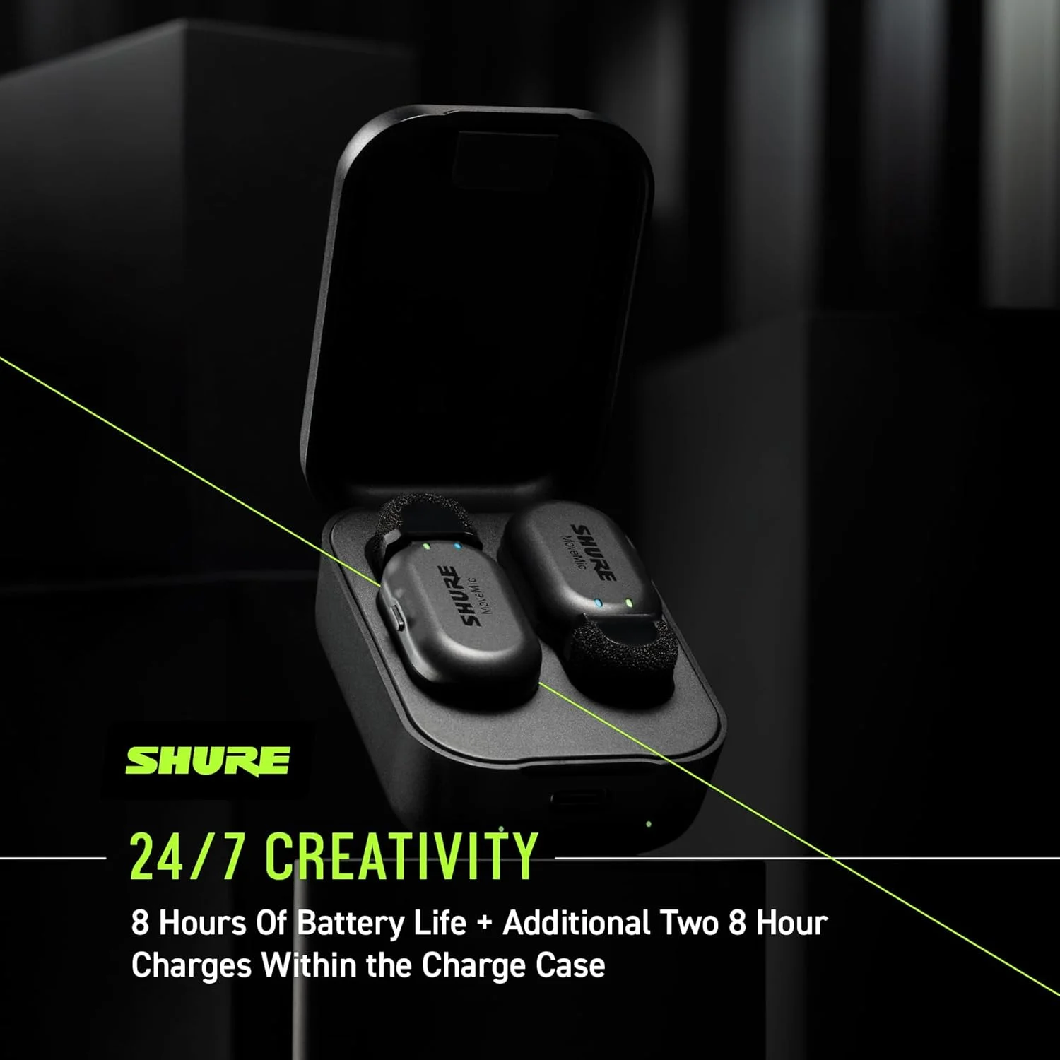سیستم میکروفون یقه ای بی سیم دو کاناله Shure MoveMic Two، ضبط صدای ممتاز و قابل حمل، مناسب برای تولیدکنندگان محتوا، مشکی
